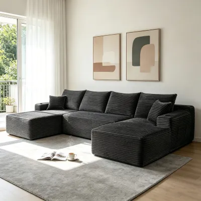 133" Cloud Sectional Sofa with U-Shape Chaise and Side Pockets and Cup holder , Modern Modular Design, Deep Seating, Upholstered Couch for Living Room/Bedroom, No Assembly Required (Plush)Grey