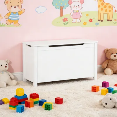 Kids Wooden Toy Box Storage with Safety Hinged Lid for Ages 2+ (White)