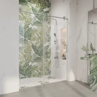 56" - 60" W x 76" H Single Sliding Shower Door, Frameless Bathroom Sliding Door with 1/4" (6mm) Tempered Glass for Walk-in Shower, Brushed Nickel GF-25D06-60BNX