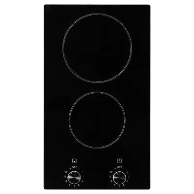 Electric Cooktop, 12 inch 2 Burners Built-in Electric Stove Top, 3000W Ceramic Top Radiant Cooktop, with Glass Panel, Knob Control, 11 Heat Levels, 220-240V, Hard Wire (No Plug)