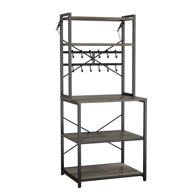 Kitchen Bakers Rack, 23.6 inch Width Bakers Rack, Kitchen Stand with X-Shaped Support Bar, 12 S-Shaped Hooks, Double-Layer Top Shelf, Coffee Bar Stand for Dishes & Bowls, Spice Bottles
