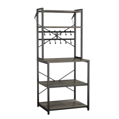 Kitchen Bakers Rack, 23.6 inch Width Bakers Rack, Kitchen Stand with X-Shaped Support Bar, 12 S-Shaped Hooks, Double-Layer Top Shelf, Coffee Bar Stand for Dishes & Bowls, Spice Bottles