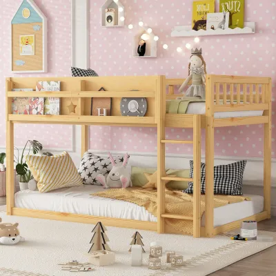 Low Twin Over Twin Bunk Bed, Floor Bunk Bed with Ladder, Solid Wood Twin Bunk Bed for Kids & Juniors, Natural(Old SKU W2593P375492  Expect Arrival Date 2026/9/1)