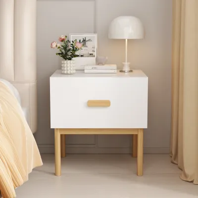 Modern White Nightstand with Drawer and Wood Legs, Minimalist Bedside Table with Handle for Bedroom, Living Room, Apartment