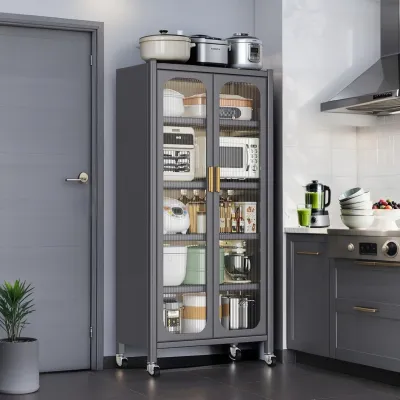 Open-door kitchen shelving Floor-to-ceiling multilevel household microwave storage cabinet bowls side cabinets cabinets Storage cabinets Grey color