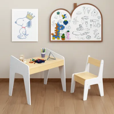 Kids Table Set with One Chair, Wooden Children Study Table, 2-8  Age Kids Funiture , White+Natural