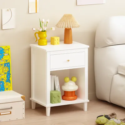 26.77''H Wooden Nightstand with One Drawer One Shelf for Kids, Adults, White+Golden handle