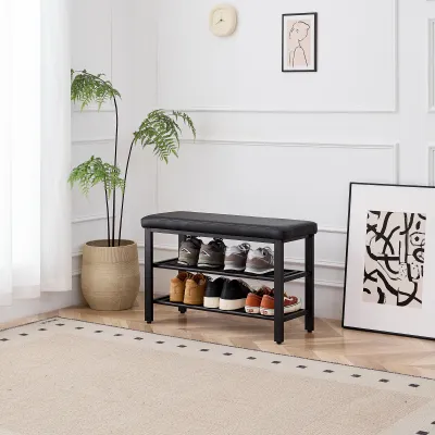Small Shoe Bench, 3-Tier Shoe Rack, Shoe Storage Bench with PU Seat Cushion, Entryway Shoe Rack Bench with Metal Mesh Shelves, Freestanding Shoe Organizer for Hallway