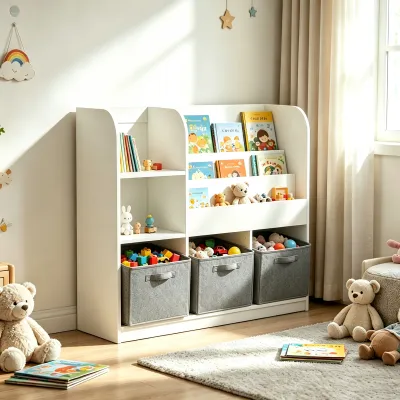 Kids Bookcase and Bookshelf, Multifunctional Bookcase with 3 Collapsible Fabric Drawers, Bookcase Display Stand, Toy Storage Organizer for Bedroom, Playroom, Hallway (White/Gray)