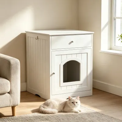 Wooden Pet House Cat Litter Box Enclosure with Drawer, Side Table, Indoor Pet Crate, Cat Home Nightstand (White)