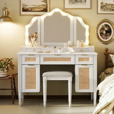 44.37" Makeup Vanity Desk with Stool Set, 13 Hollywood Bulbs & 3 Lighting Modes Dressing Table, Tri-Fold Mirror Large Vanity Table with Cushioned Stool, Charging Station, Ample Storage, White