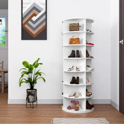 7 Tier Rotating Shoe Rack Tower, Spinning Shoe Display, 360 Shoe Rack Storage Round Carousel, Vertical Handbag Rotate Shoes Closet Organization (WHITE)