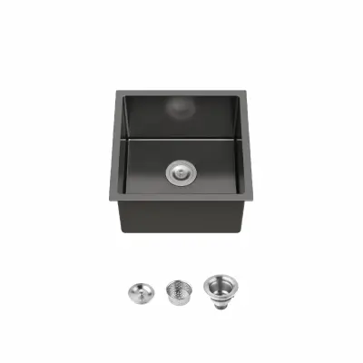Stainless Steel Kitchen Sink, 18″x18″ Single Bowl, Undermount HandmadeSink in Black, with US Standard Drain and Hook