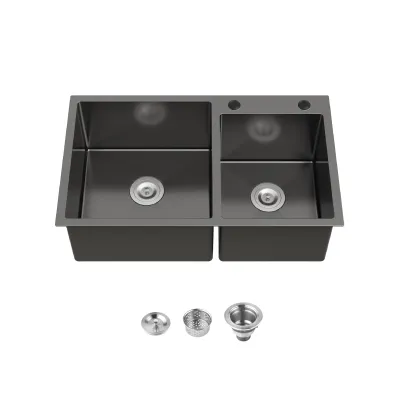 Stainless Steel Kitchen Sink, 32″x19″ Double Bowl in Black, Overmount Handmade Sink, with US Standard Drain and Hook