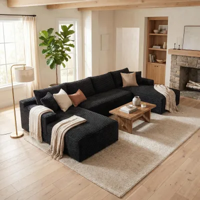 132.1" Compressible U-Shaped Sectional Sofa Set,Minimalist Style Modular Sectional Sofa, Corduroy Fabric Cloud Couch for Living Room