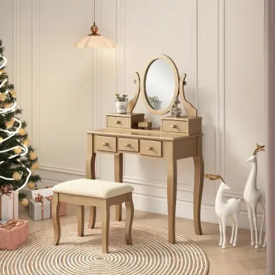 Ashley Wood Make-Up Vanity Table and Stool Set, Ashley Wood Makeup Vanity Table and Stool Set, Gold