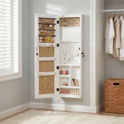 Solid Wood Jewelry Armoire Organizer Cabinet with Full-Length Mirror, 47.5x14.3 in Wall-Mounted Lockable with LED Light