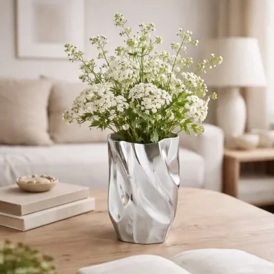 Abstract Silver Aluminum Vase Fluid Sculptural Décor