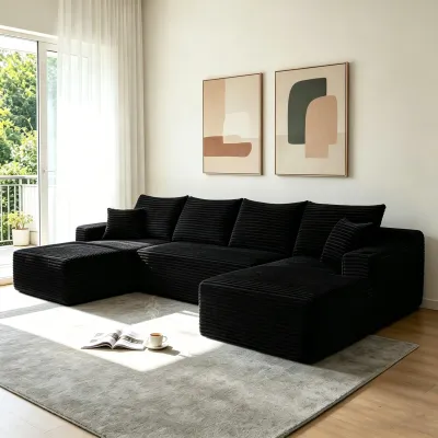 126" Cloud Sectional Sofa with U-Shape Chaise and Side Pockets and Cup holder , Modern Modular Design, Deep Seating, Upholstered Couch for Living Room/Bedroom, No Assembly Required (Plush)Black