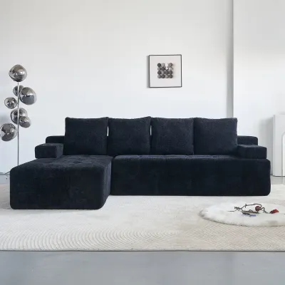 Modern Style L-Shaped Sectional Sofa with Side Pockets,wireless charging device, two USB charging ports, one cup holder, Bluetooth speaker,Reversible Lounge Chaise, Chenille Material,Black Color