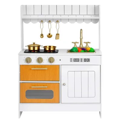 Play Kitchen for Kids, Wooden, Kids Kitchen Playset with Real Lights & Sounds, Food & Cookware Accessories, Pretend Play Toy Set, Sink, Oven, Stove, Cabinet, for Toddlers, Girls & Boys Ages 3-8
