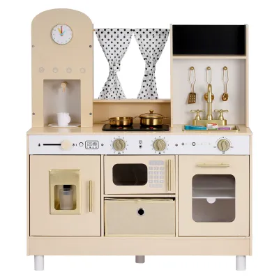 Play Kitchen for Kids, Wooden, Kids Kitchen Playset with Realistic Lights & Sounds, Food & Cookware, Modern Style Pretend Play Toy Set, Ice Maker, Microwave, for Toddlers, Girls & Boys Ages 3-8