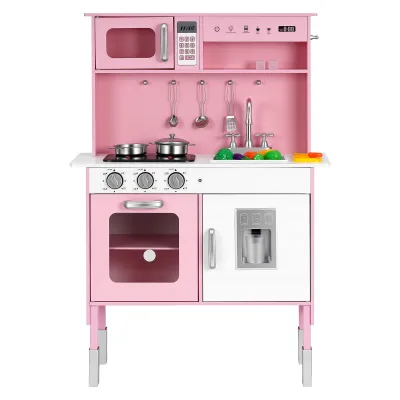 Play Kitchen for Kids, Wooden, Kids Kitchen Playset with Real Lights & Sounds, Food & Cookware, Pretend Play Toy Set, Microwave, Oven, Clicking Knobs, for Toddlers, Girls & Boys Ages 3-8, Pink