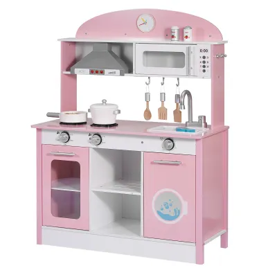Play Kitchen for Kids, Wooden, Kids Kitchen Playset with Real Lights & Sounds, Food & Cookware Accessories, Pretend Play Toy Set, Range Hood, Microwave, for Toddlers, Girls & Boys Ages 3-8, Pink