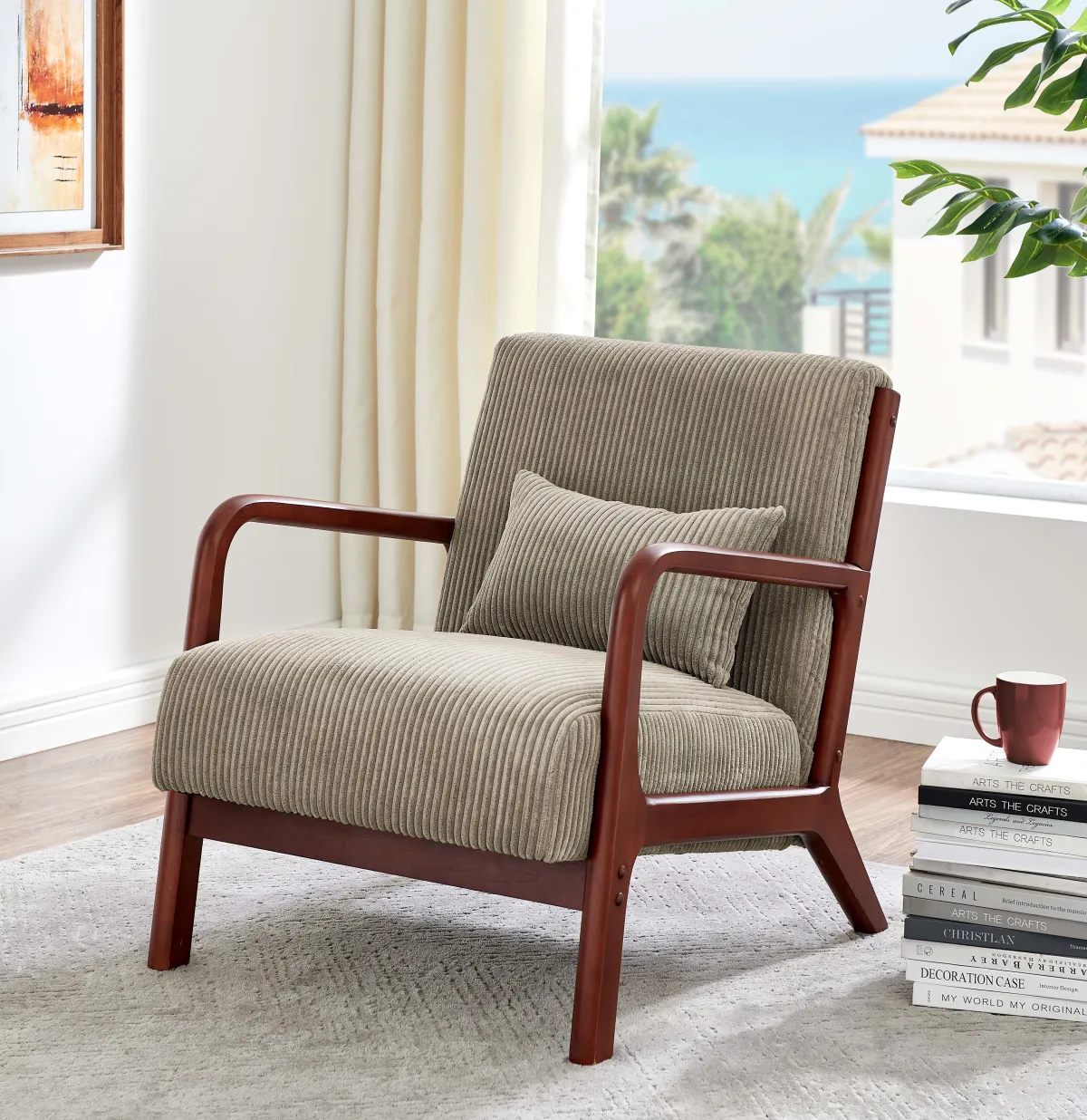 Corduroy Upholstered Wooden Armchair