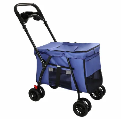Pet Stroller, Foldable 4-Wheel Design, Breathable Mesh Dog Cat Stroller with Shockproof Wheels, Brake System, Storage Tray, 2 Fixed Safety Leashes, Large Space for Small Medium Pets, Navy Blue