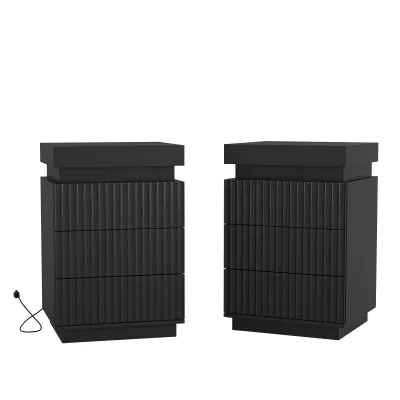 (Set of 2) Black Nightstand Set of 2 with Charging Station & LED Lights, Fluted Wave Panel Bedside Table with Sliding Top Hidden Storage, Night Stand for Bedroom Living Room