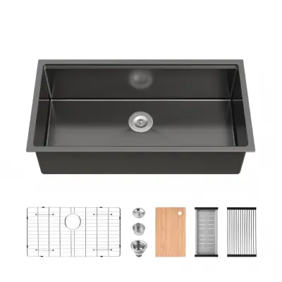 Kitchen Sink 36"x19" Multifunctional undermount Flying Rain Waterfall S304 Stainless Steel Handmade Modern Single Bowl Kitchen Sink, Black