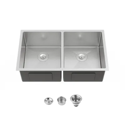 33"x19" Embedded Double Bowl Kitchen Sink, Undermount Handmade Sink in Brushed (Sink only)