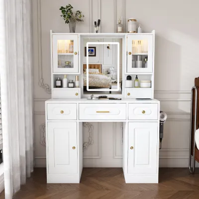 Large Vanity Table Set Makeup Vanity Dressing Table with Mirror, 3 Drawers & Shelves, With power socket, hair dryer holder, cabinet light,Dresser Desk (old SKU W509P301793)