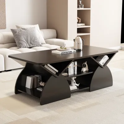 Engineered wood rounded corner rectangular coffee table for living room, easy assembly storage table with open shelves sturdy frame for Reception Room, Modern Coffee Table Geometric Design BLACK