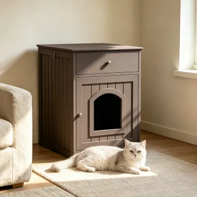 Wooden Pet House Cat Litter Box Enclosure with Drawer, Side Table, Indoor Pet Crate, Cat Home Nightstand (Brown)