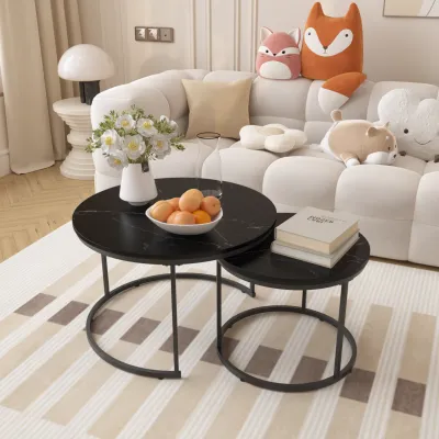 27.6" Nesting Coffee Table Set of 2, Round Coffee Table Wood Marble Pattern Top with Sturdy Metal Frame, End Table Side Tables for Living Room Bedroom Balcony Yard (Black)