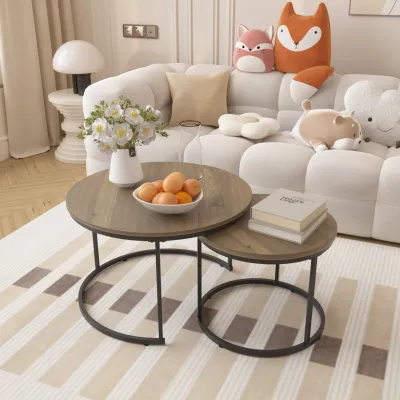 27.6" Nesting Coffee Table Set of 2, Round Coffee Table Wood Marble Pattern Top with Sturdy Metal Frame, End Table Side Tables for Living Room Bedroom Balcony Yard (Brown)
