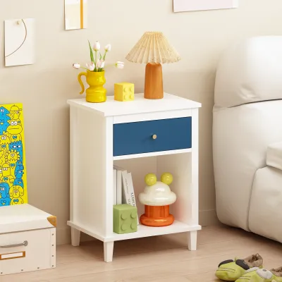 26.77''H Wooden Nightstand with One Drawer One Shelf for Kids, Adults, Navy+Golden handle