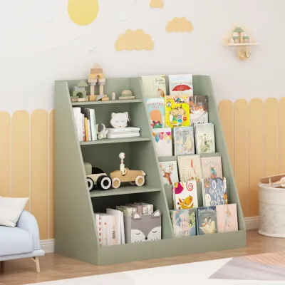 Kids Bookshelf and Toy Storage Organizer, Multifunctional 4 Tier Wooden Kids Book Shelf with  Bookcase Display Stand in Kids Room Playroom Nursery for Kids, Children, Toddlers (Sage)