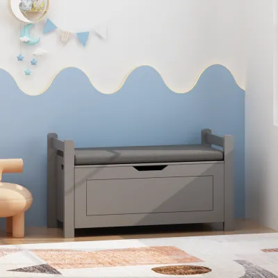 Kids Toy Box Chest for Boys Girls, Large Storage Cabinet with Cushion Seat Bench/ Flip-Top Lid/ Safety Hinge, Toy Storage Organizer Trunk for Nursery, Playroom (Gray)