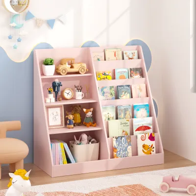 Kids Bookshelf and Toy Storage Organizer, Multifunctional 4 Tier Wooden Kids Book Shelf with  Bookcase Display Stand in Kids Room Playroom Nursery for Kids, Children, Toddlers (Pink)