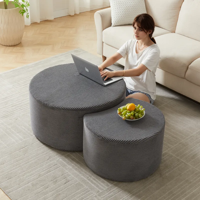 Nesting Coffee Table Set of 2,Upholstered Round Coffee Tables Set of 2 for Living Room, Modern Foam Round Coffee Table Side Table End Table Ottoman, No Assembly