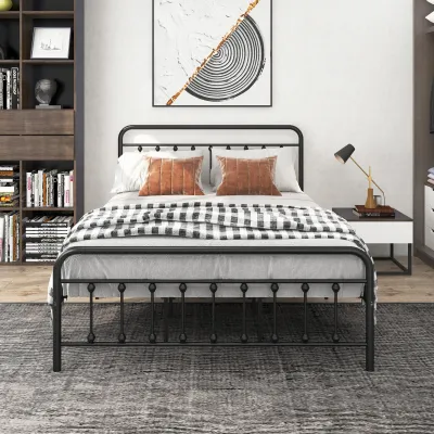 Metal Platform Bed Frame, Victorian Style Headboard/Footboard/Under Bed Storage/No Box Spring Needed/Queen Size Black