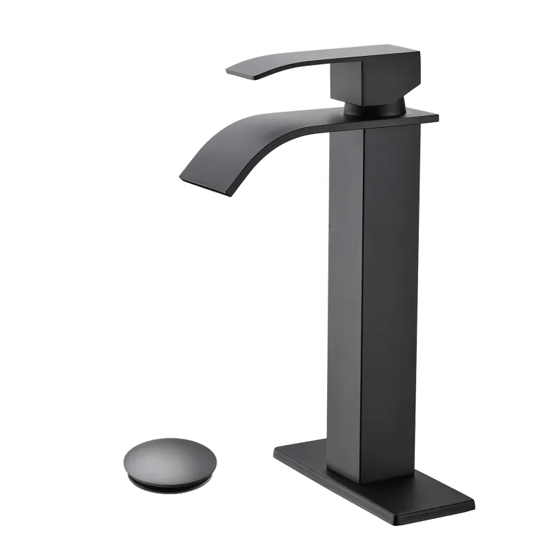 Waterfall Spout Bathroom Sink Single Handle Faucet with Pop-Up Drain (No Overflow)