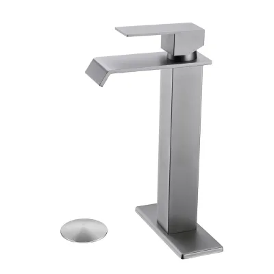 Waterfall Spout Bathroom Sink Single Handle Faucet with Pop-Up Drain (No Overflow)