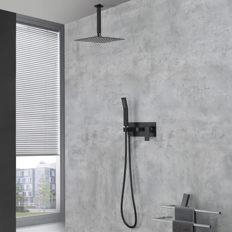 Matte Black Shower System, Ceiling Mount 10 inch Rain Shower Head with Handheld Spray, Shower Faucet Combo Set with Rough-in Valve Body and Trim Kit Included