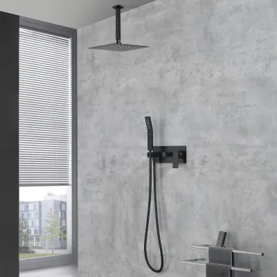 Matte Black Shower System, Ceiling Mount 10 inch Rain Shower Head with Handheld Spray, Shower Faucet Combo Set with Rough-in Valve Body and Trim Kit Included