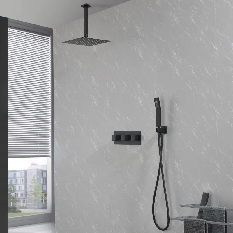 Matte Black Shower System, Ceiling Mount 10 inch Rain Shower Head with Handheld Spray, Shower Faucet Combo Set with Rough-in Valve Body and Trim Kit Included