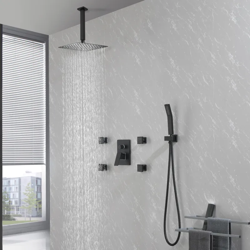 Shower System, 10-Inch Matte Black Full Body Shower System with Body Jets, Square Rainfall Shower Head, Handheld Shower, and Pressure Balance Shower Valve, Bathroom Luxury Faucet Set